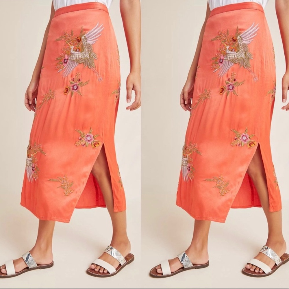 Maeve Orange Skirt with Crane & Floral Embroidery size 0